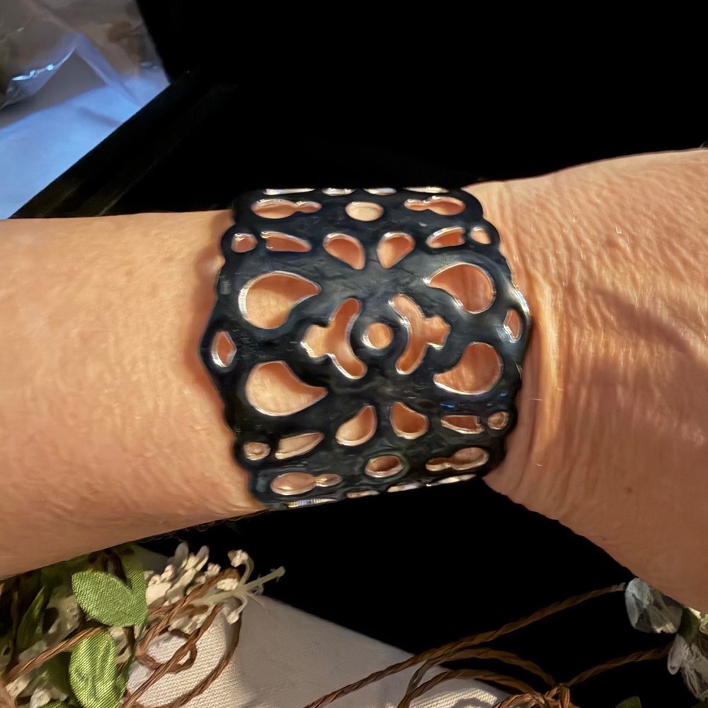 Vintage Black Silver Tone Filigree Openwork Wide Cuff Statement Bracelet